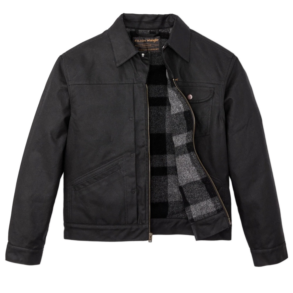 Filson Black Men’s Waxed Canvas Jacket with Gray Plaid Lining